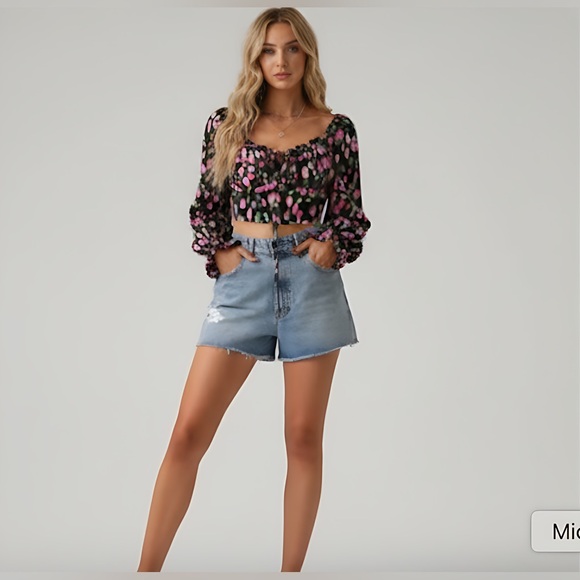 Floral Print Knot Front Flounce Sleeve Crop Blouse - Picture 4 of 8